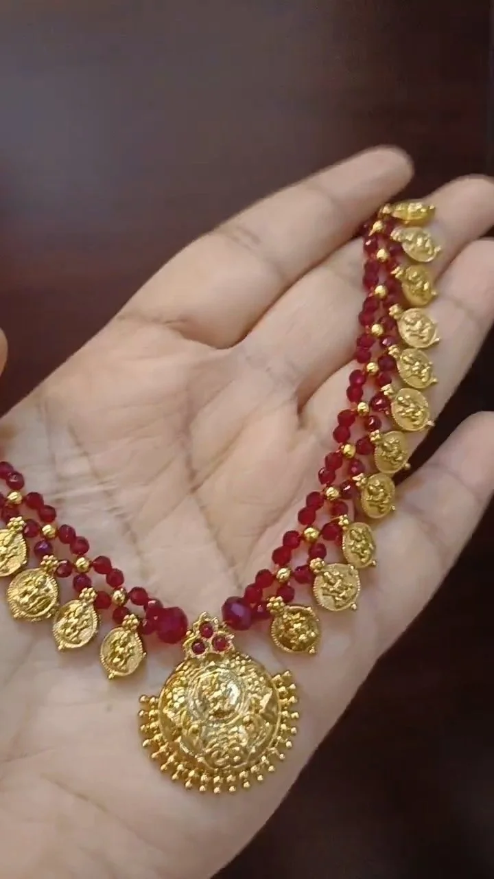 Gold Plated Red Bead Kasu Necklace thumbnail 1