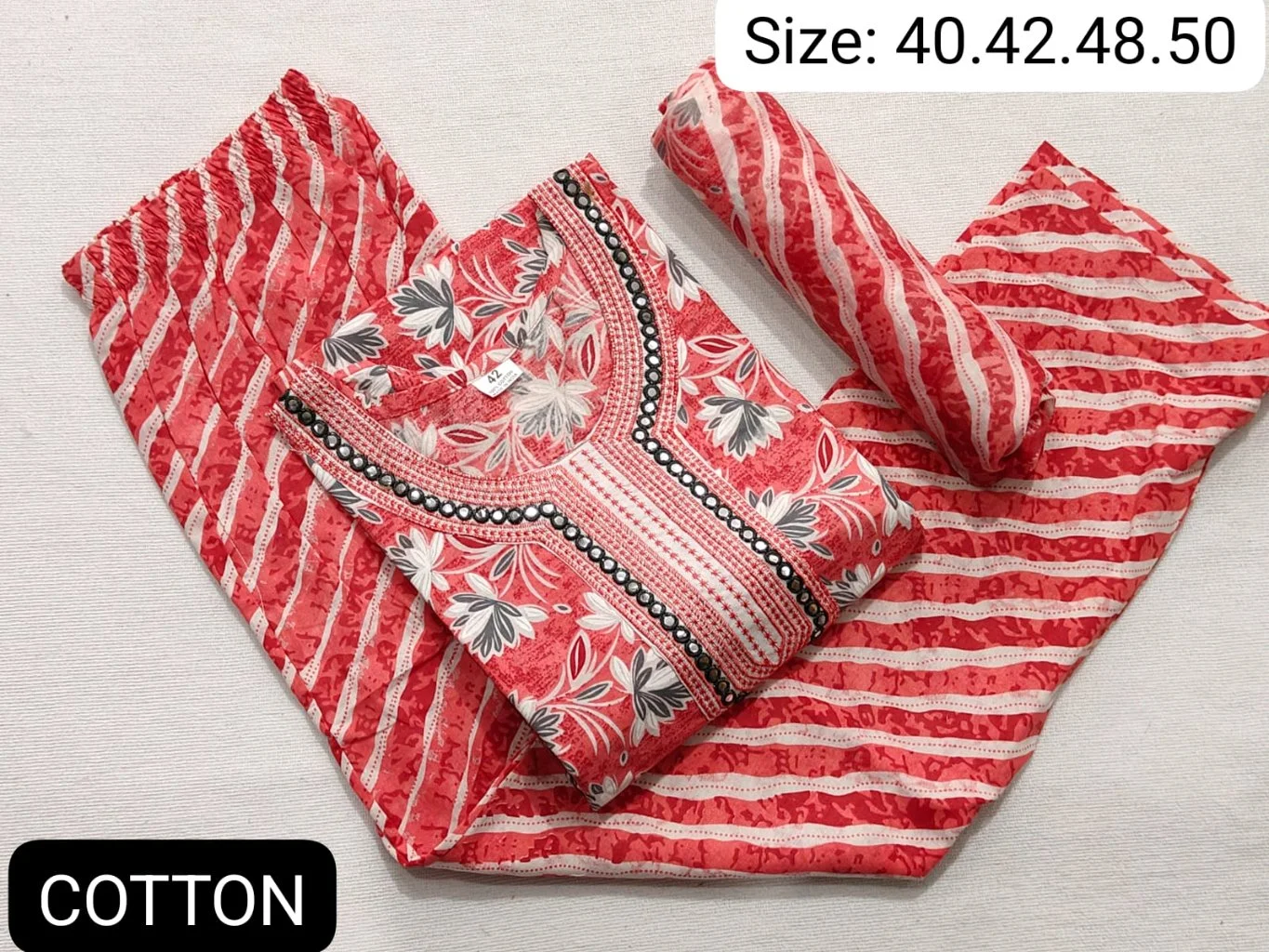 Code-R-597 FBRTulip Pants Set Highlights:• Premium pure cotton fabric• Eye-catching screen print design• Elegant gher-style kurti• Trendy tulip pants with lace finish• Designer latkan detailing on sleeves neckline hem and tulip pants• Perfect for festive, casual & day outingsColours-Orange,Yellow,Cream,Black,Blue,Red,Green,magentaQuality assured 100%Sizes-(34-44)(XS-XXL)plus sizes starts from 46-60 with extra chargePrice-1350 free shipPlus size chart and prices attached46/48-100 extra50/52-150 extra54/56-200 extra58/60-250 extraKeep shopping Keep selling 2