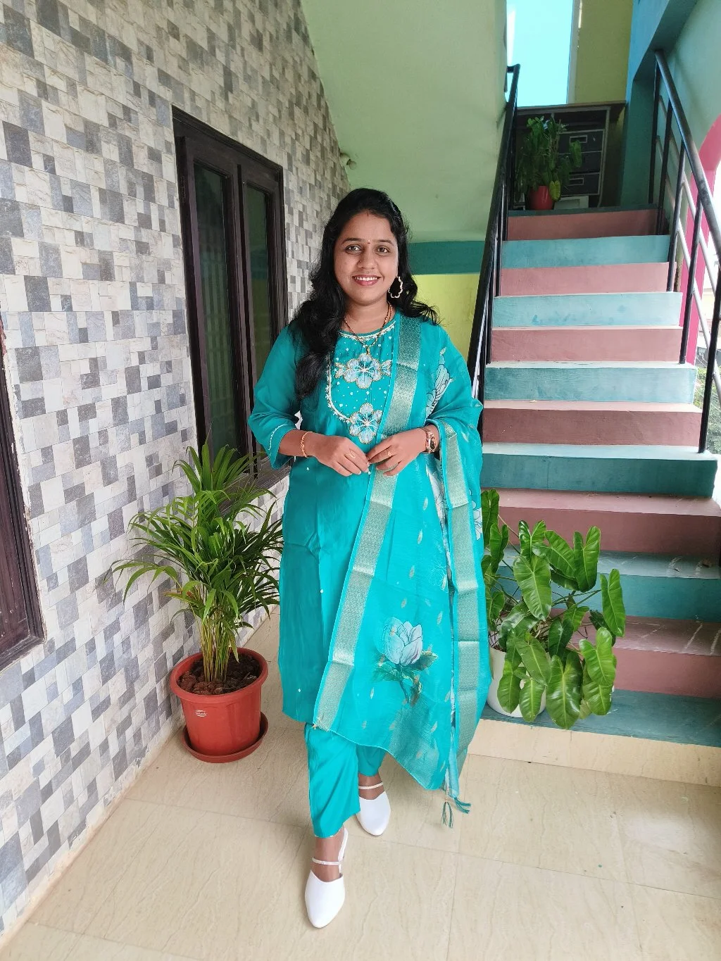 Teal Embroidered Kurta Set with Floral Dupatta