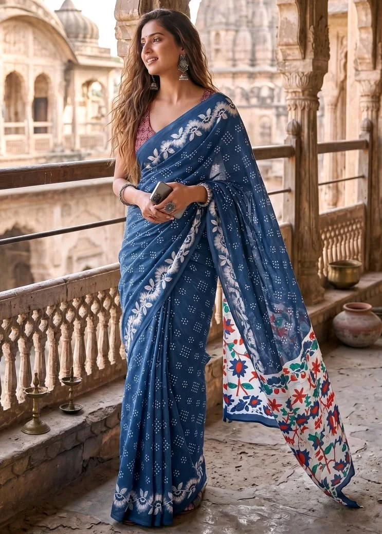 Soft Pure Cotton Sarees With Ikkat Print thumbnail 1
