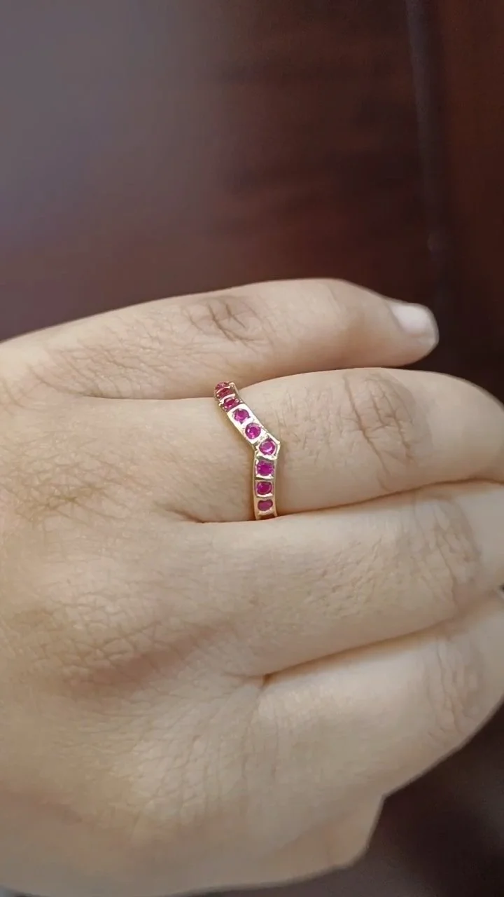 Gold Plated V Shape Ring with Red Stones