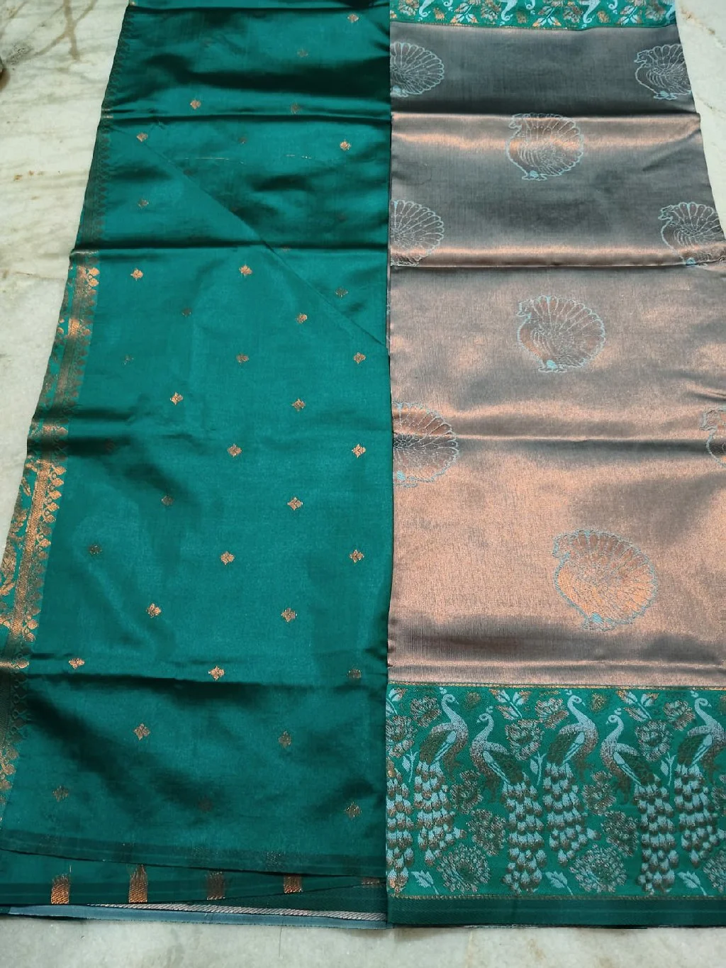 Grey and Teal Silk Saree with Peacock Zari Workand teal buta blouse 1