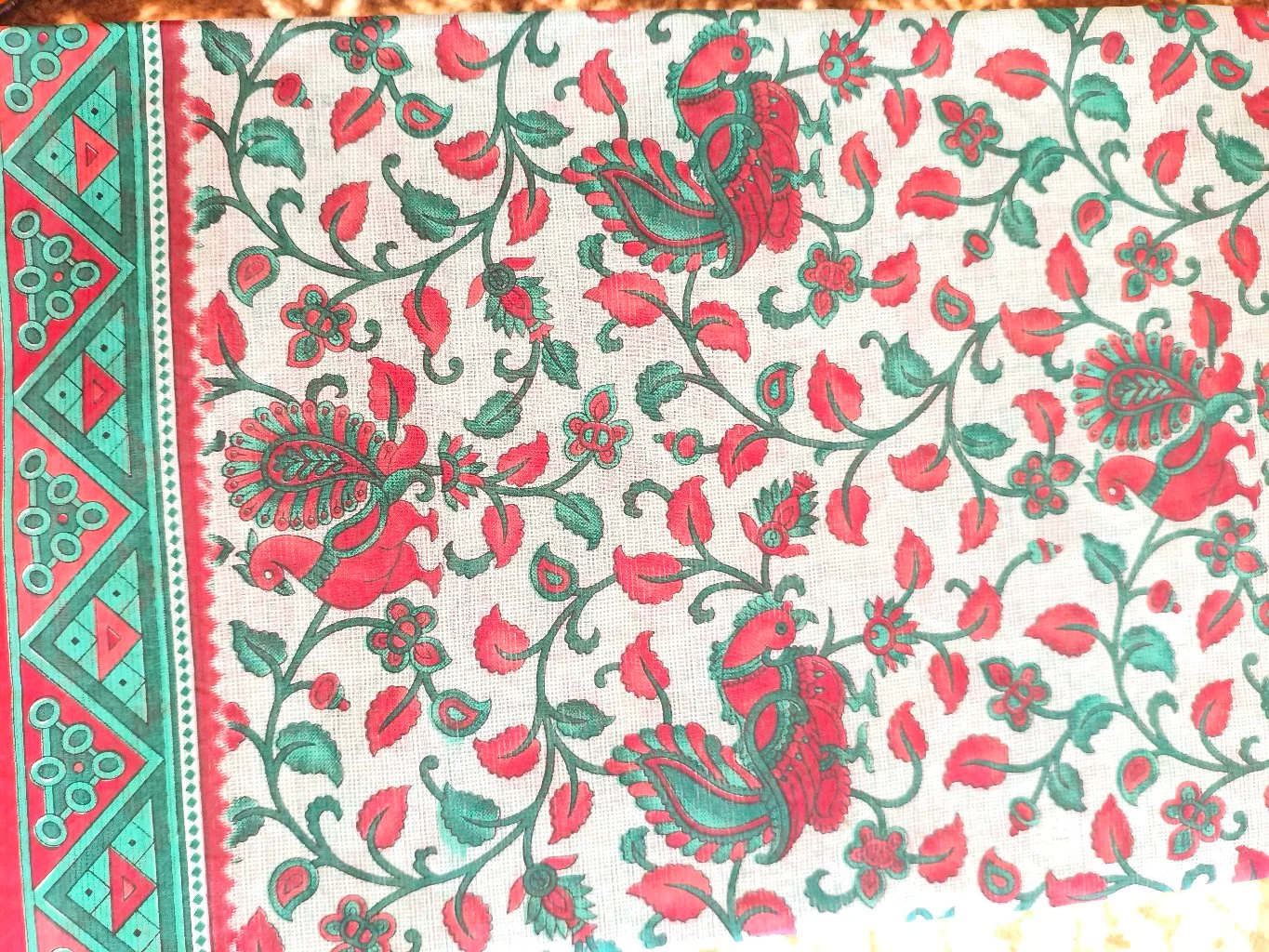 Red and Green Kalamkari Style Cotton Saree with Bird Print Blouse 2