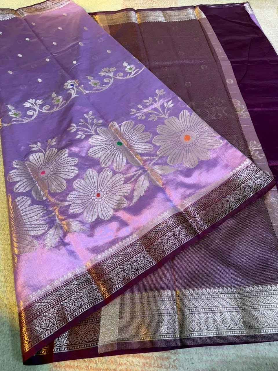 Red Silk Blend Saree with Teal Zari and Floral Design 8