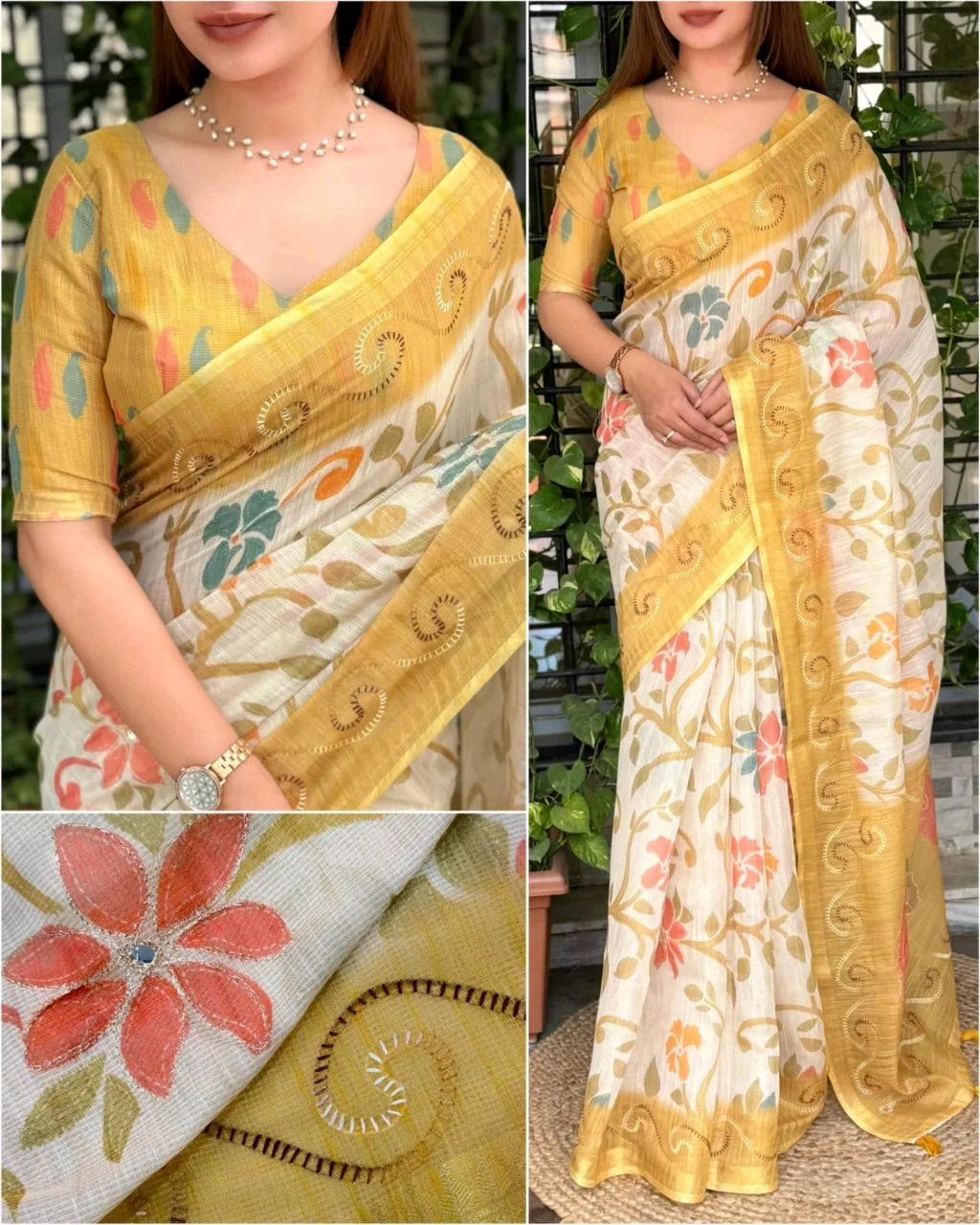 NC Cotton Floral Print Saree with Pink Embroidered Border 7