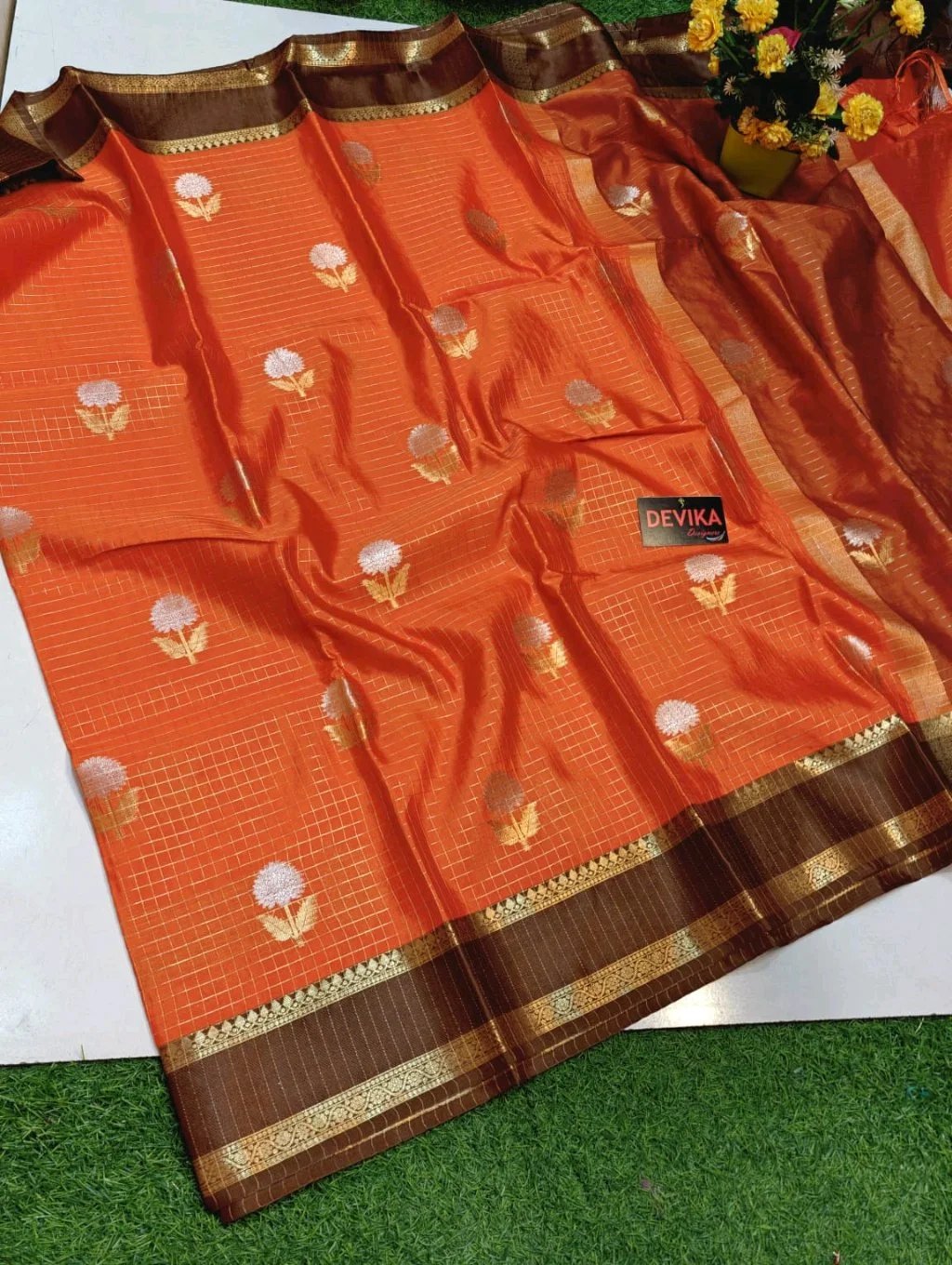 Orange Silk Saree with Brown Zari Border and Floral Buttis thumbnail 5