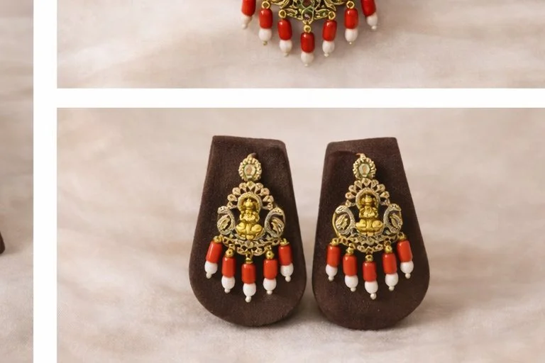 Traditional Coral and Pearl Temple Necklace Set thumbnail 3