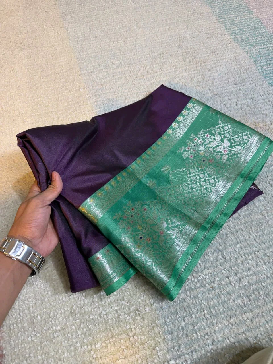 Purple Kanchi Dift Silk Blend Saree with Green Zari Border thumbnail 1