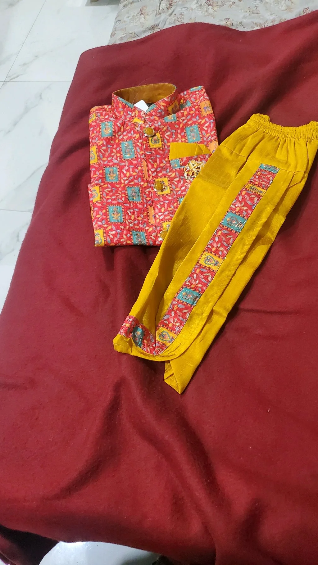 Mustered Yellow and Brick రెడ్ Traditional Kids Dhoti Set with Floral Print thumbnail 1