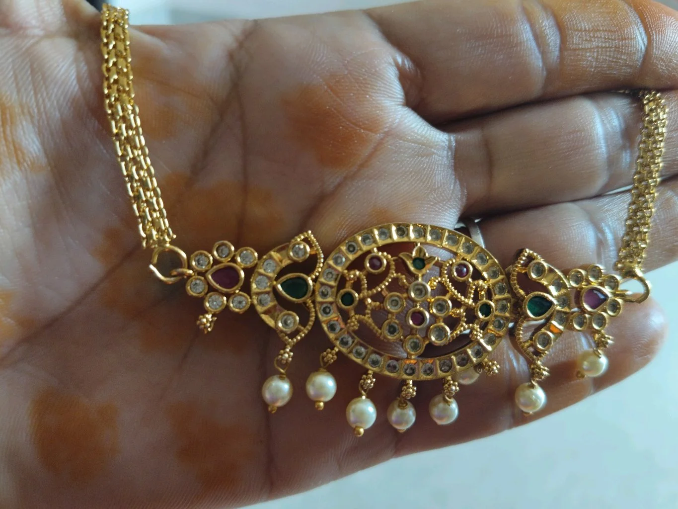 Gold Plated Traditional Choker Necklace with Ruby Emerald and Pearl Drops