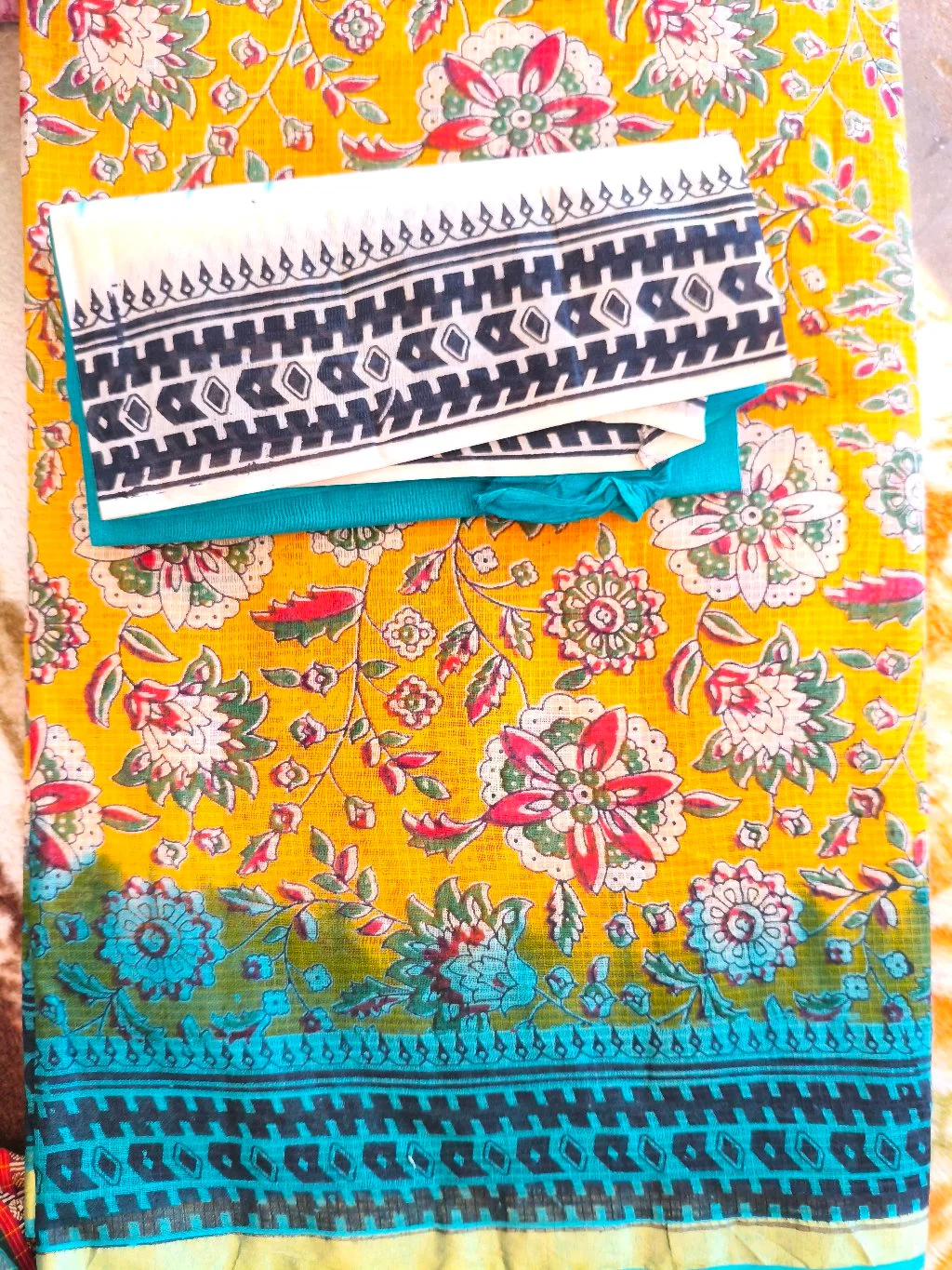 Yellow Floral Print cotton Saree