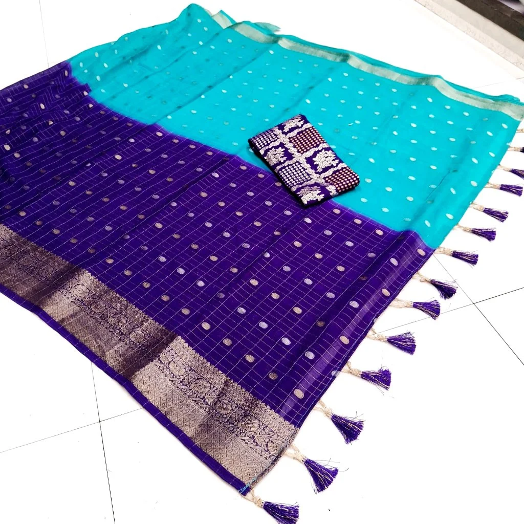 Chinon Silk Blend Zari Weave Saree with Tassels thumbnail 3