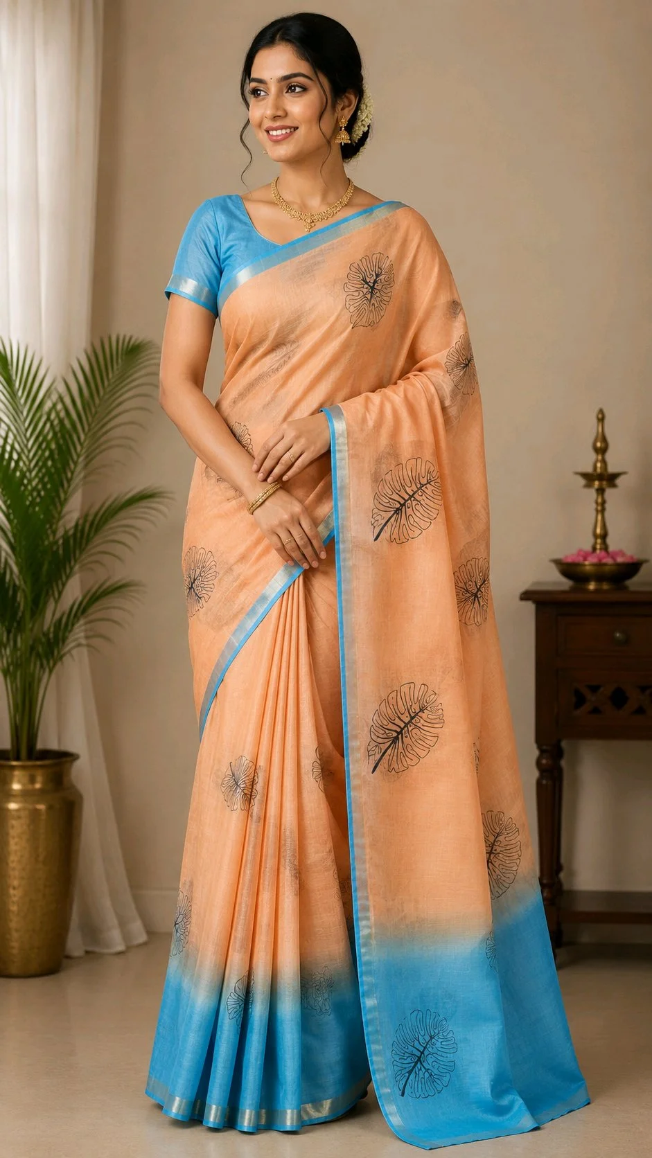 Peach Blue Ombre Linen Saree with Leaf Print thumbnail 1