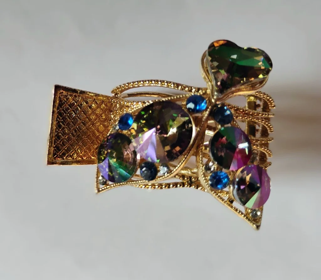 Gold Toned Iridescent Rhinestone Hair Claw Clip