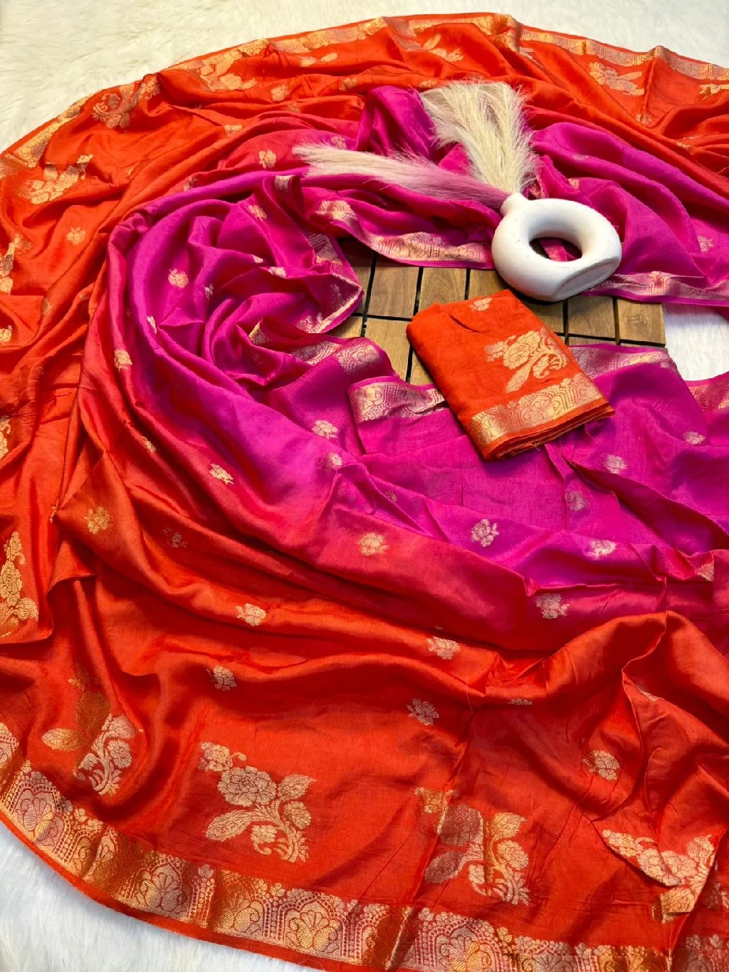 Ombre Orange Pink Saree with Gold Zari Weave thumbnail 1