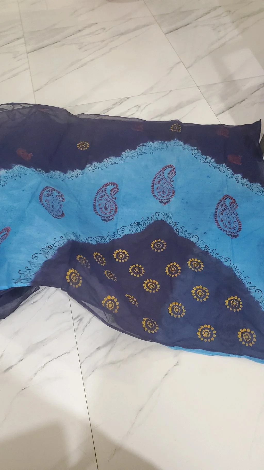 Navy Blue Organdi Saree with Gold Floral Motifs and CoperSalphteBlue Border thumbnail 3