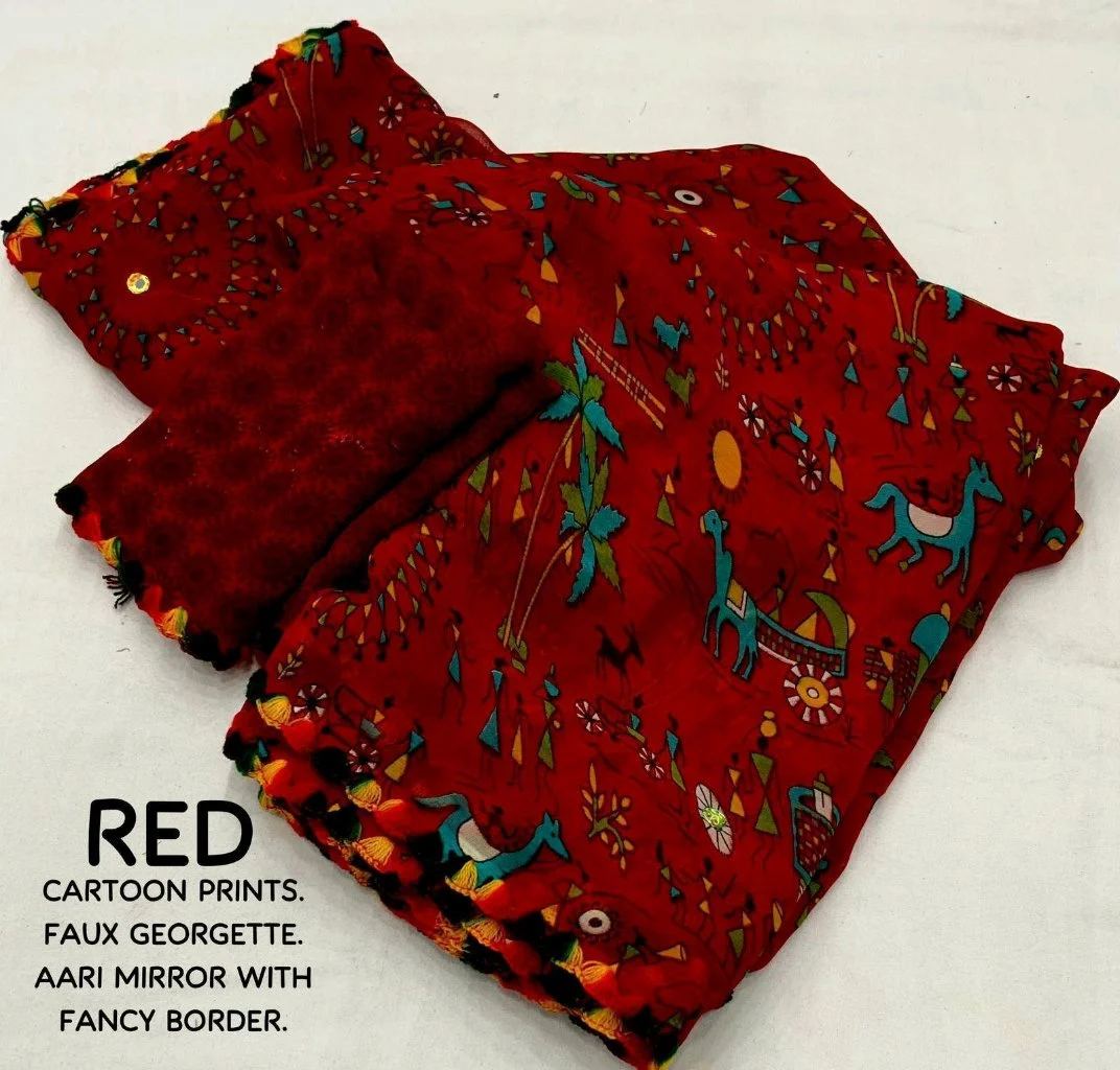 Soft Georgette Saree with Cartoon Prints and Aari Mirror Work 1