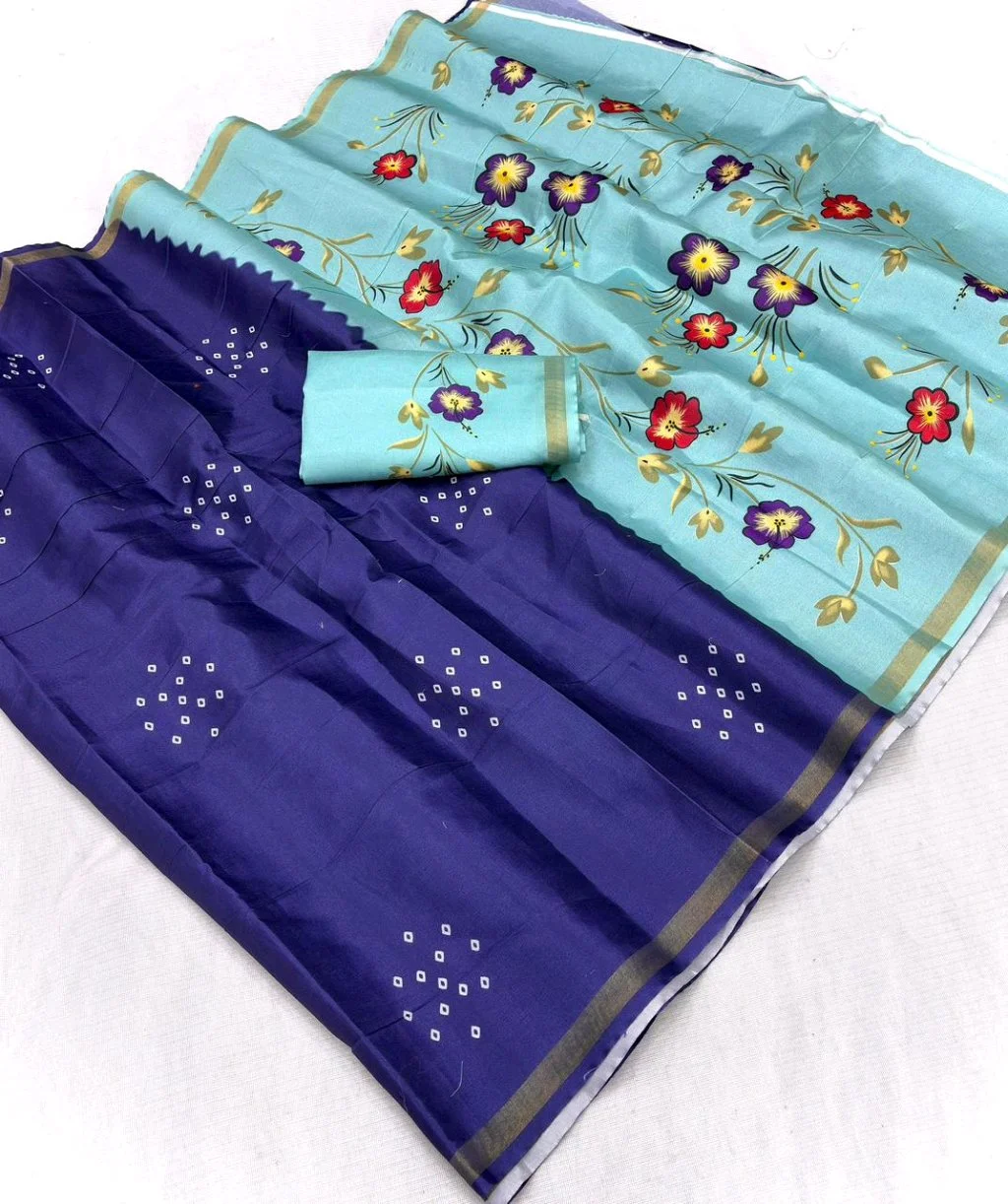 Mul Mul Cotton Dark Blue Bandhani and Aqua Floral Print Saree
