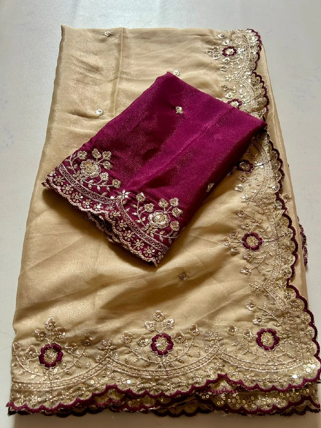 Cream Embroidered Saree with Maroon Blouse 3