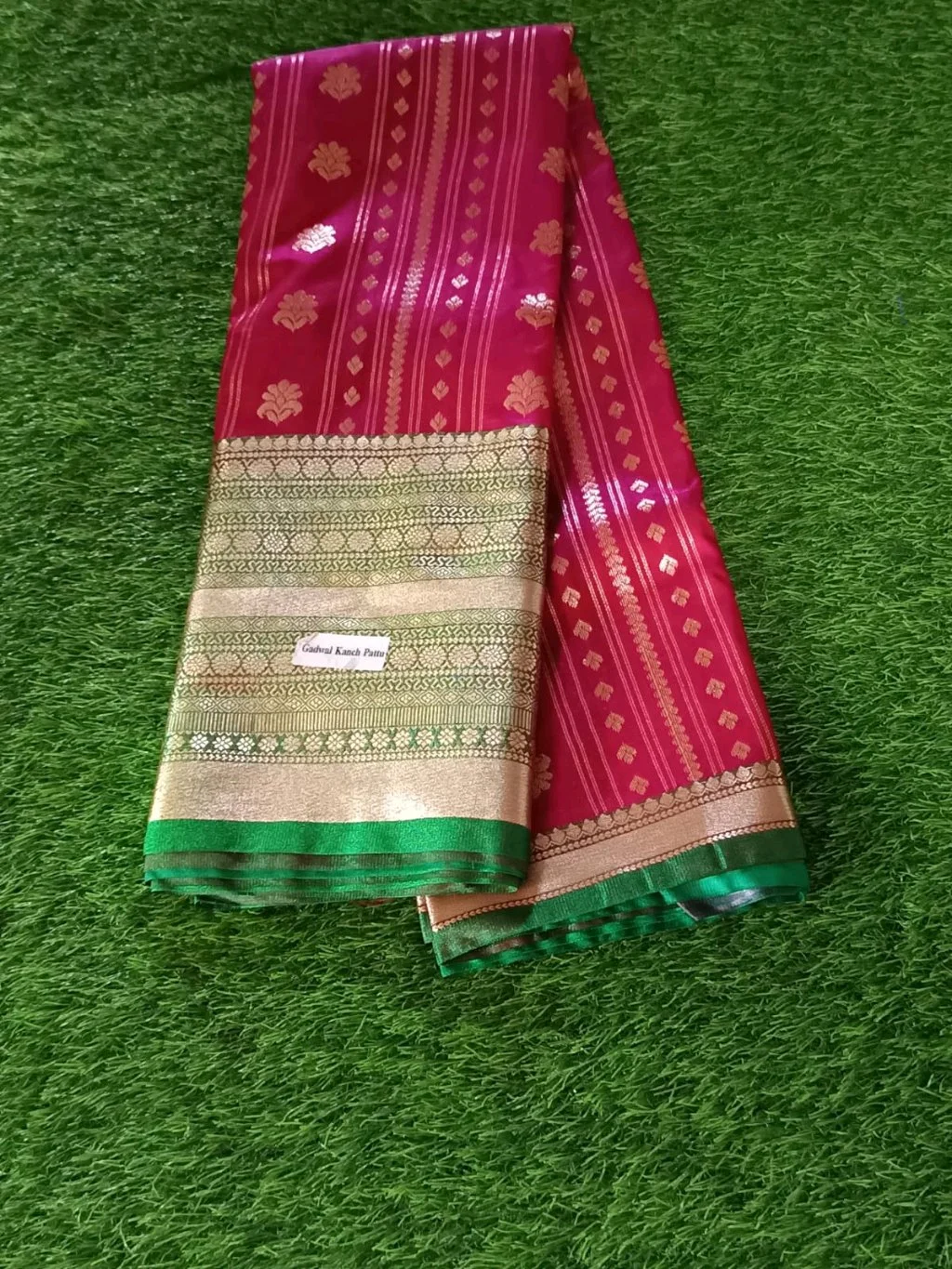 Gadwal Kanch Pattu Saree with Gold Zari and Green Border