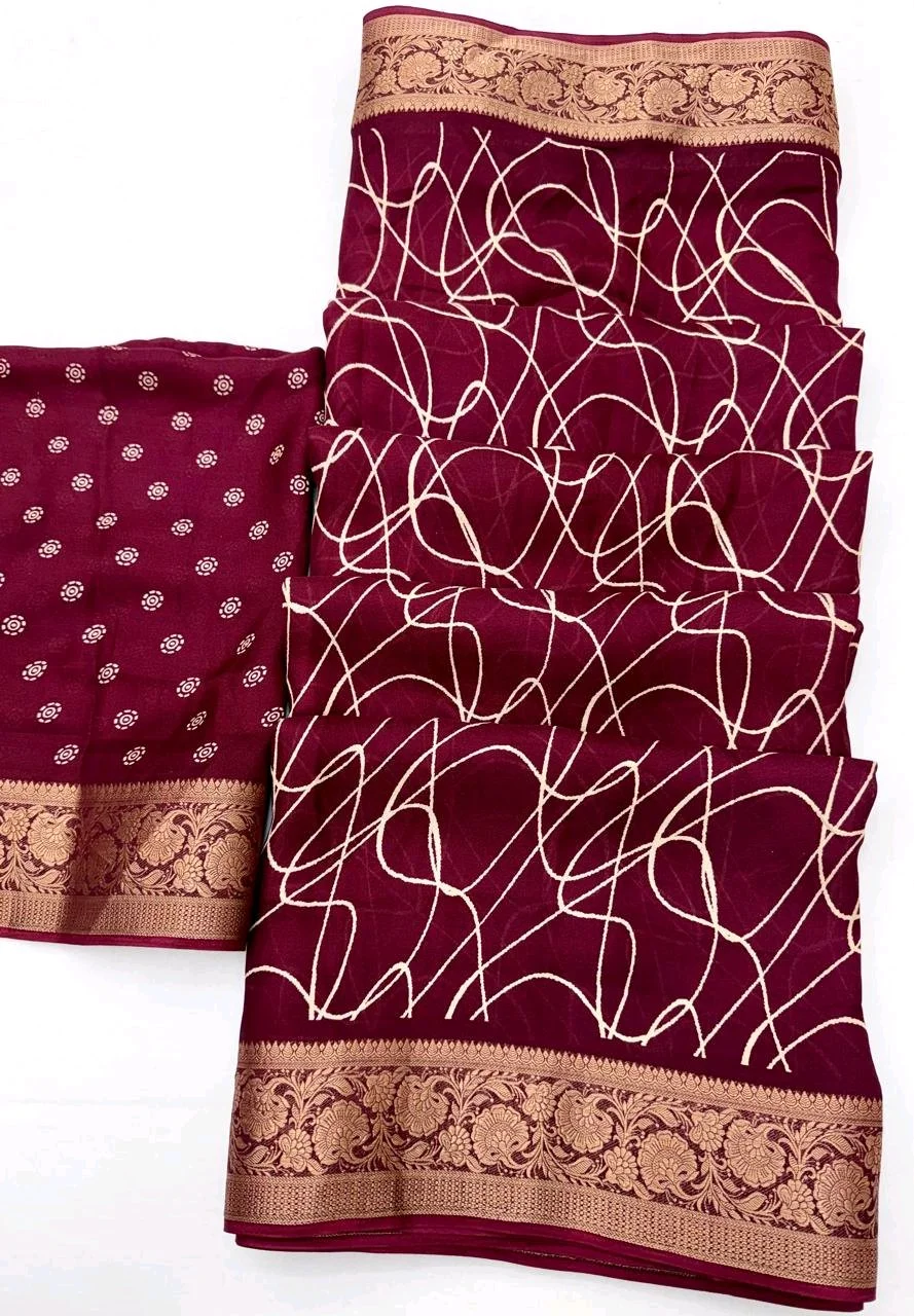Marshmellow Print Saree with Abstract Print and Gold Zari Border thumbnail 2