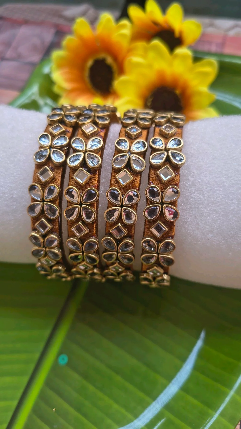 Golden Brown Silk Thread Bangles with Kundan Stone Work