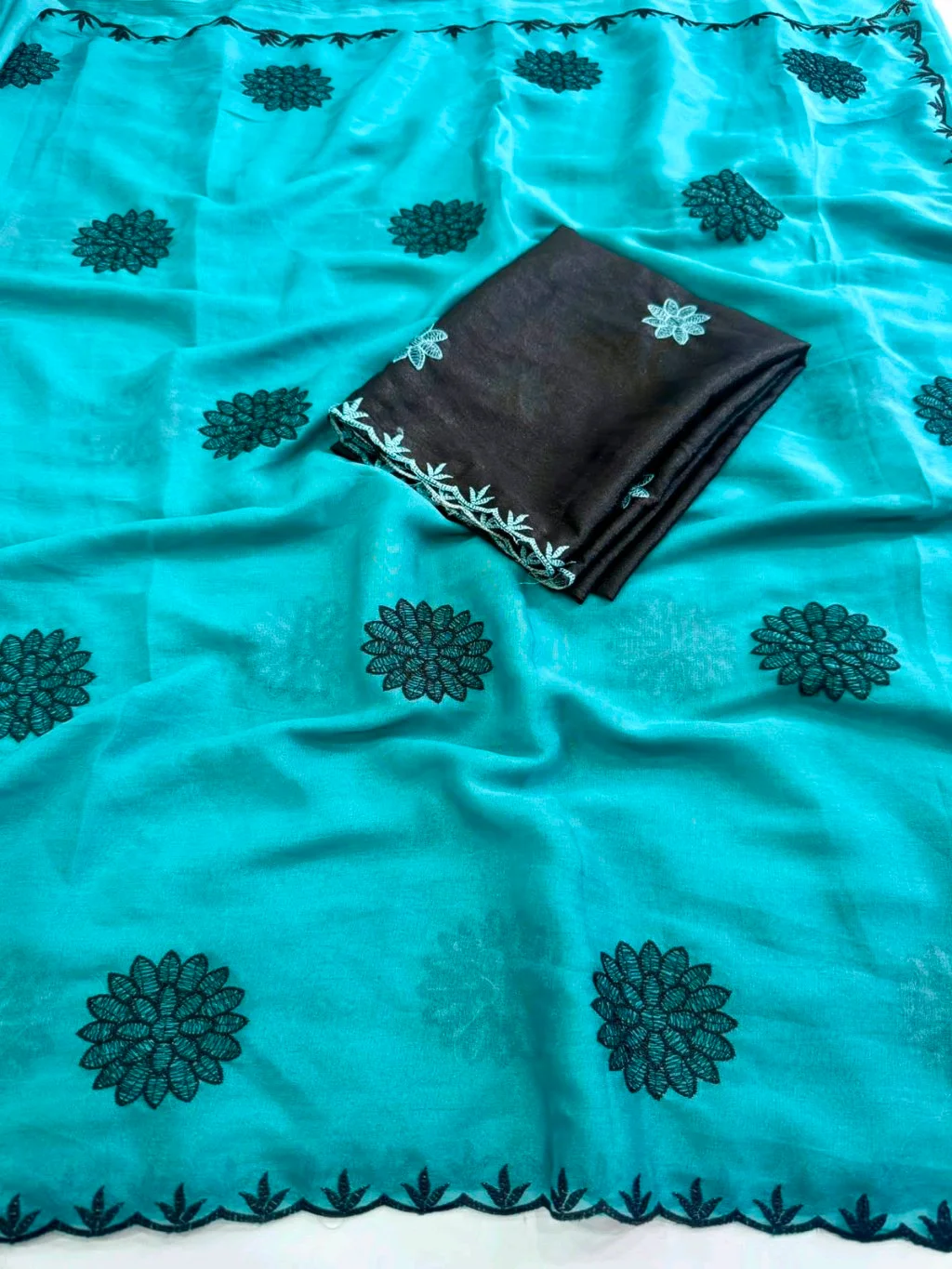 Star Georgette Multi Embroidered Saree with Black Floral Motifs and Blouse thumbnail 6
