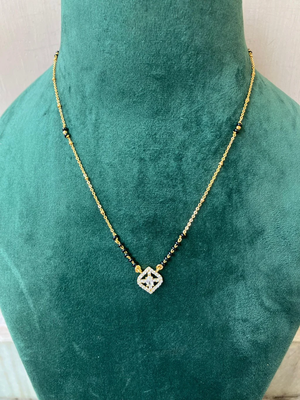 Gold Plated Black Bead Chain with Diamond Pendant