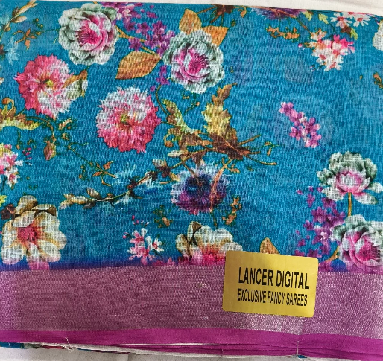 Blue Floral Saree with Pink Paisley Border thumbnail 2