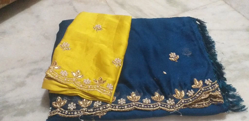 Dark Blue Saree with Yellow Blouse and Pearl Zari Work 1