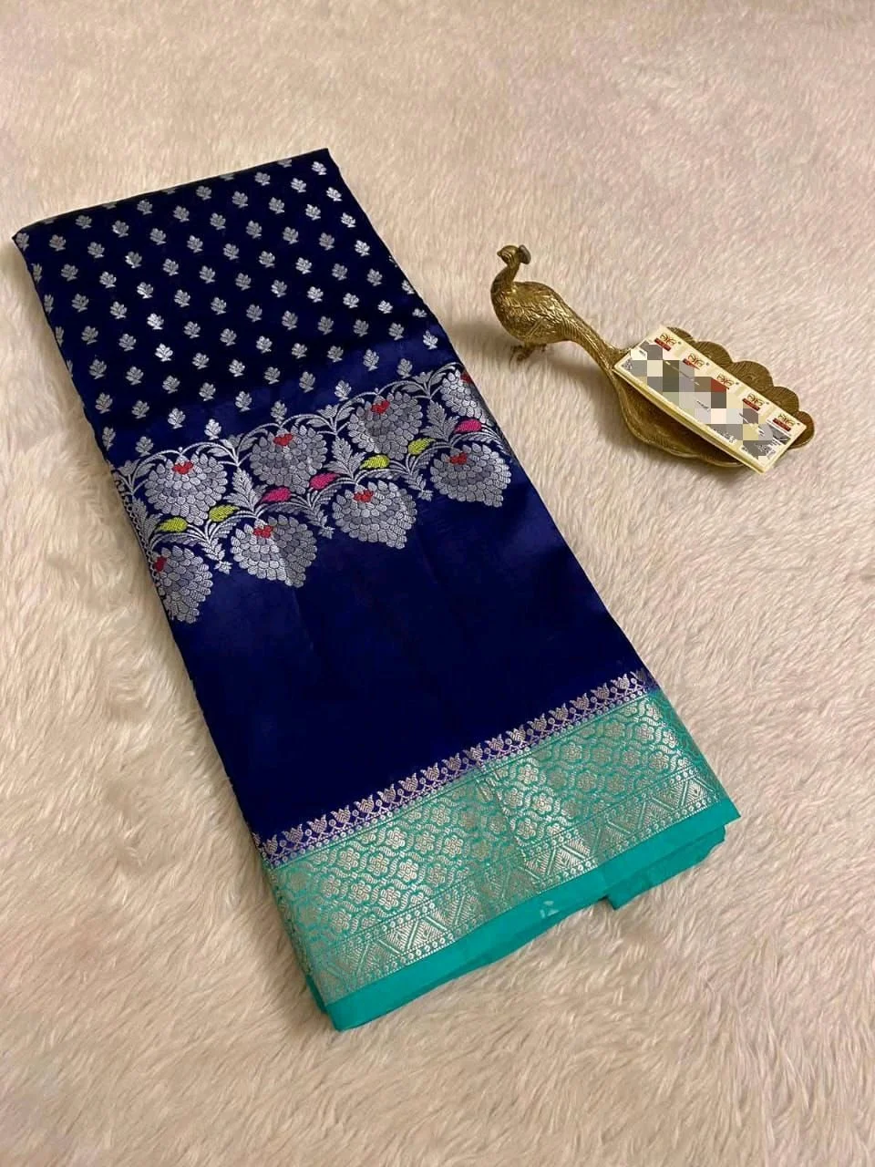 Banarasi Katan Silk Blend Saree with Floral Silver Zari Weave 3