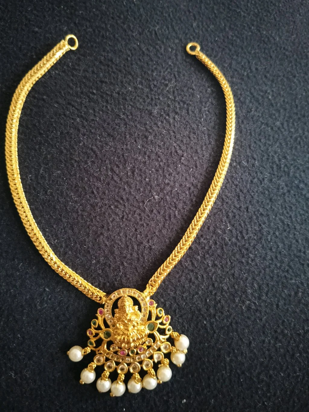 Gold Plated Traditional Temple Necklace with Lakshmi Pendant and Pearl Drops
