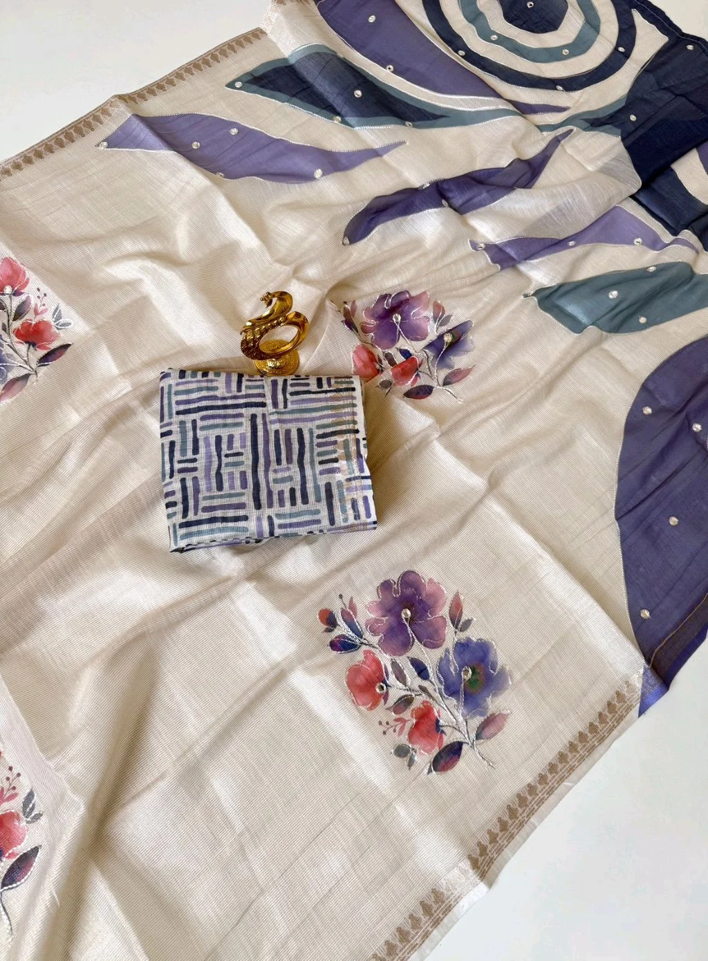 Light Beige Linen Blend Saree with Handpainted Floral Design and Geometric Blouse 6