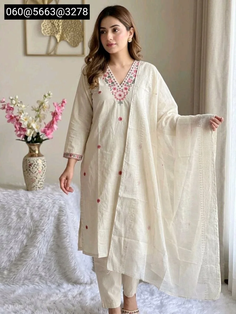 White Khadi  Cotton Embroidered Kurta Set with Pink Floral Motifs 4