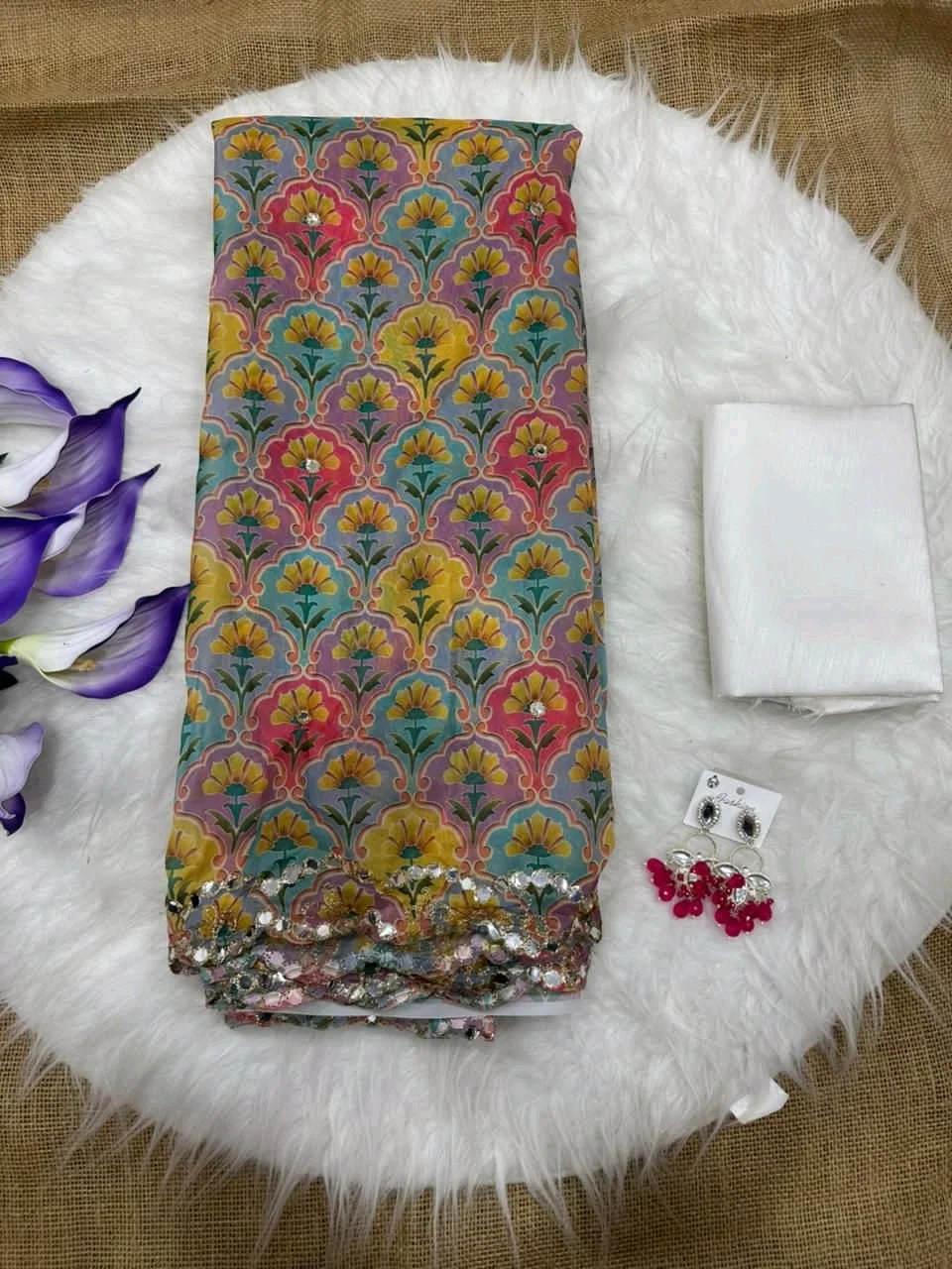 Multicolor Floral Print Dress Material Set with Sequin Border 1