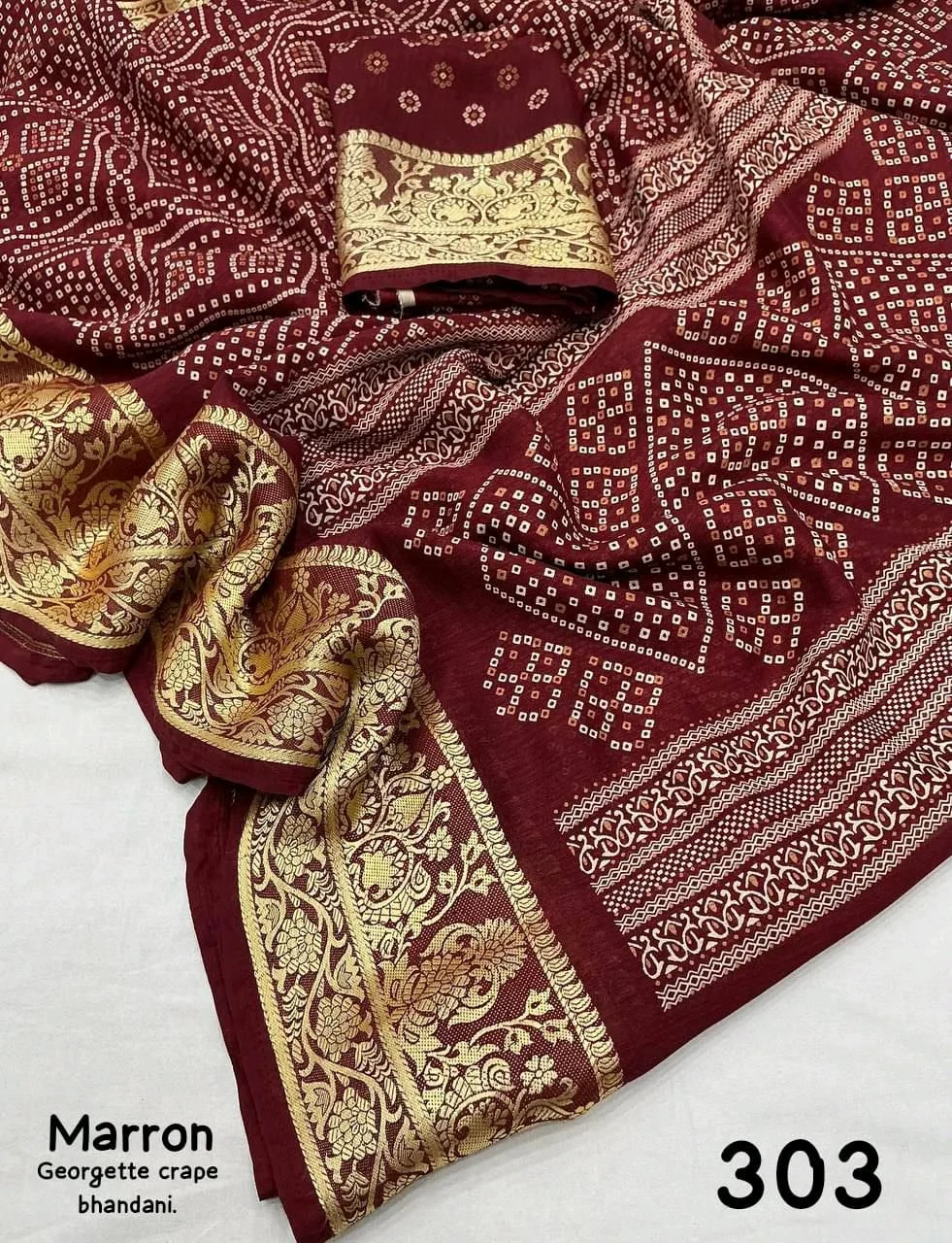 Marron Georgette Crape Bandhani Saree 2