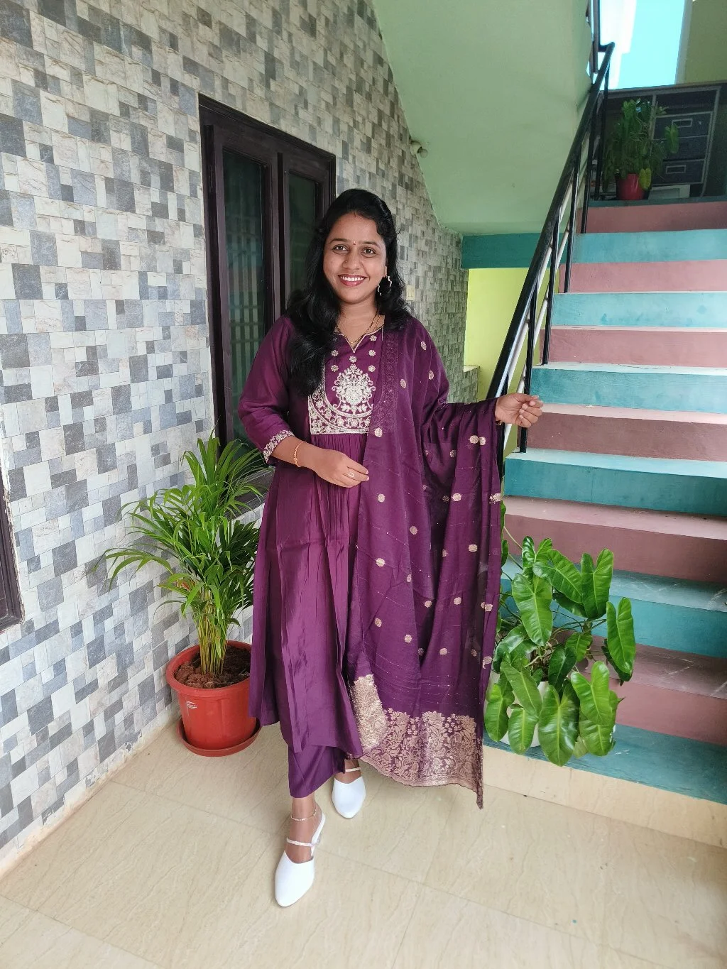 Plum Embroidered Kurta Set with Gold Detail Dupatta 1