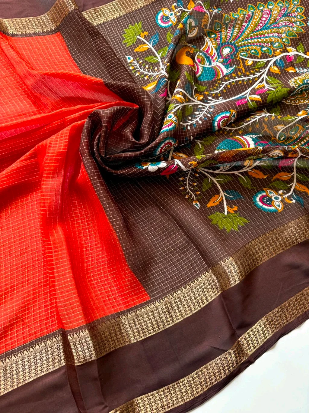 Orange Checked Cotton Blend Saree with Brown Zari Border and Floral Blouse thumbnail 2