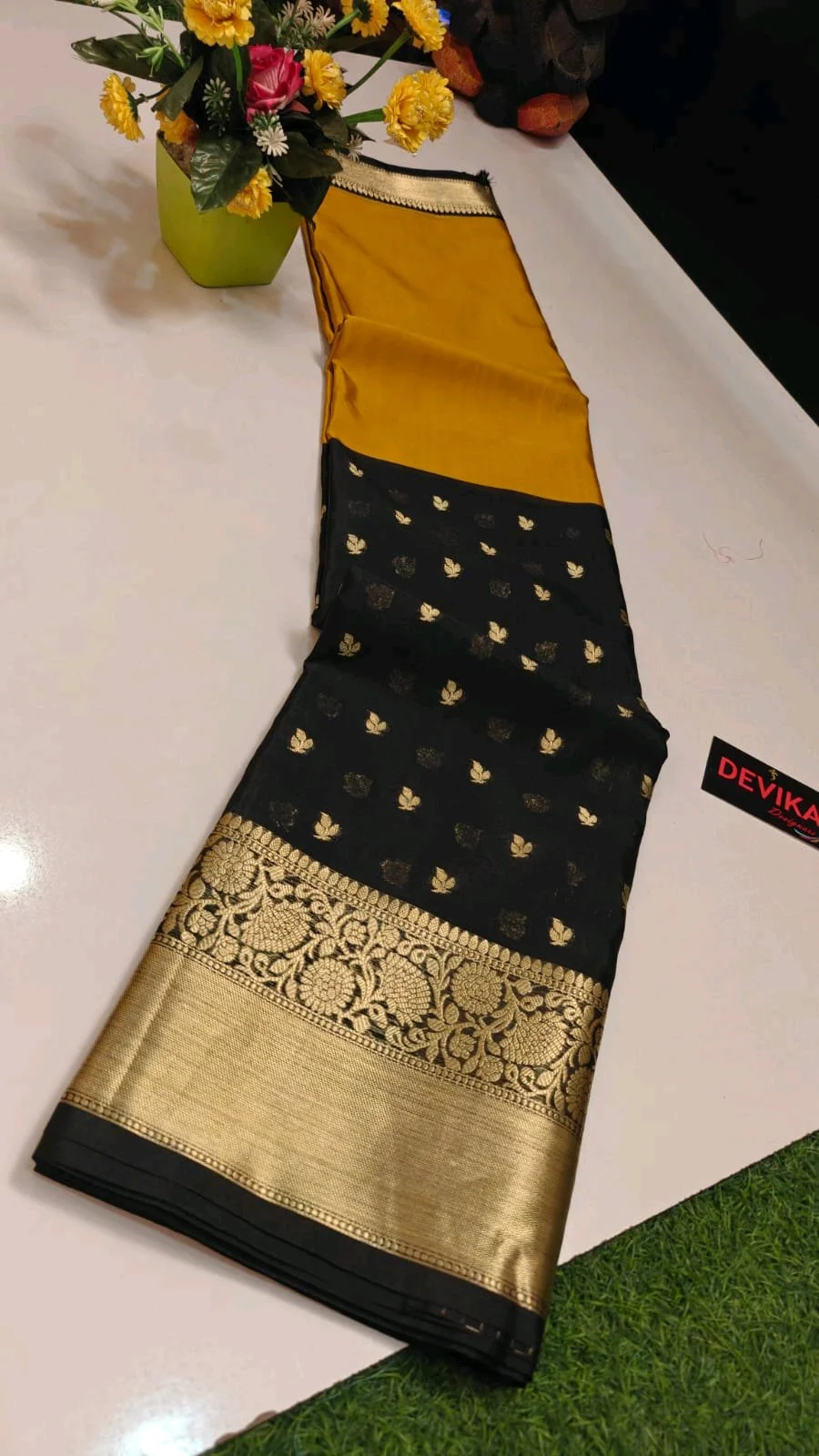 Black Cora Silk Saree with Gold Zari Border thumbnail 3