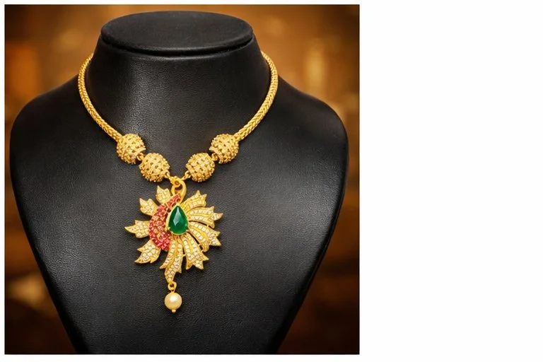 Gold Toned Peacock Design Necklace Set with Earrings 3