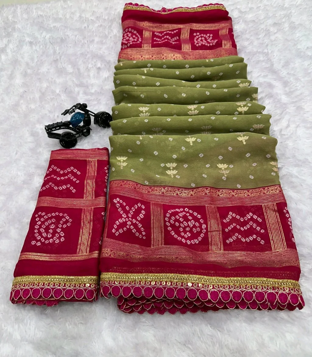 Green Bandhani Saree with Pink Scalloped Border 3