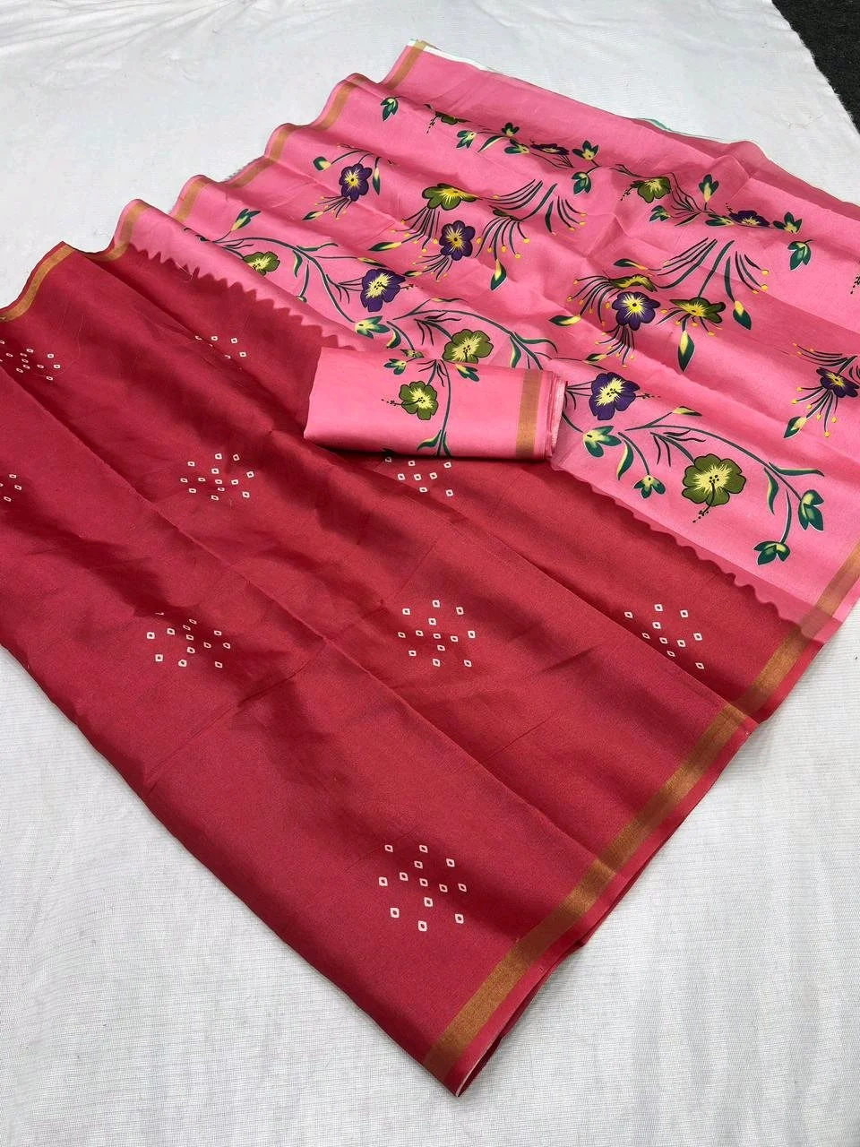 Mul Mul Cotton Red and Pink Floral Print Saree with Bandhani Design