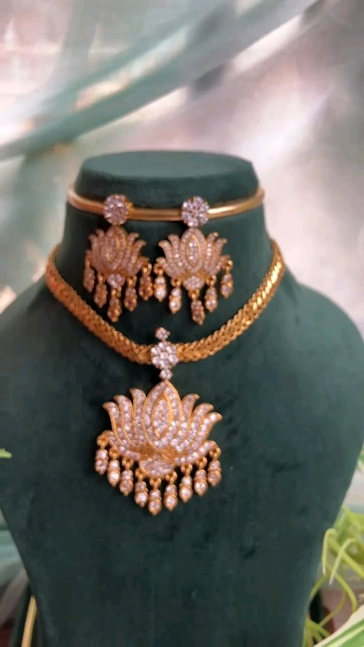 Gold Plated Lotus Design Necklace Set with White Stones and Pearl Drops