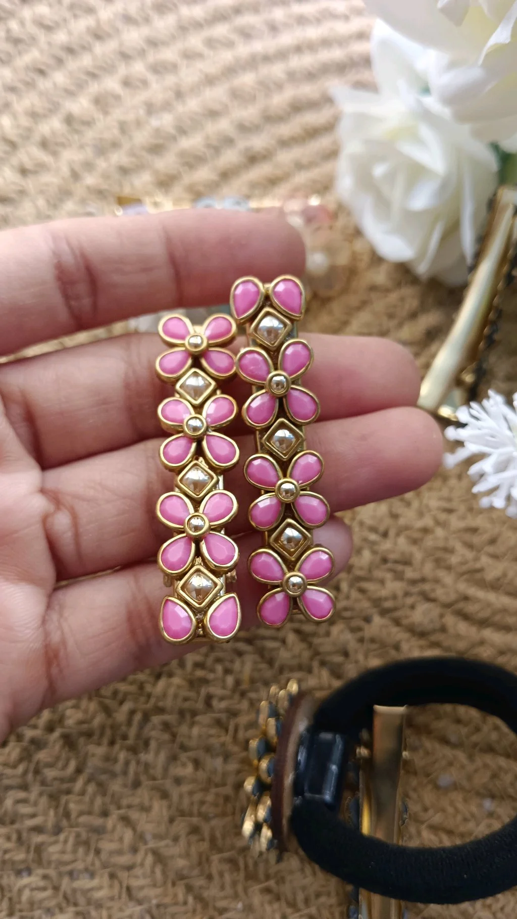 Gold Tone Pink Enamel Floral Alligator Hair Clips
