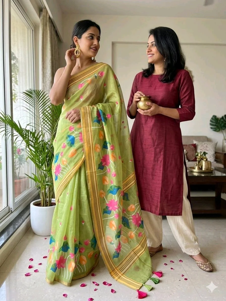 Green Floral Lenin Cotton Saree with Pink Blouse Piece thumbnail 7