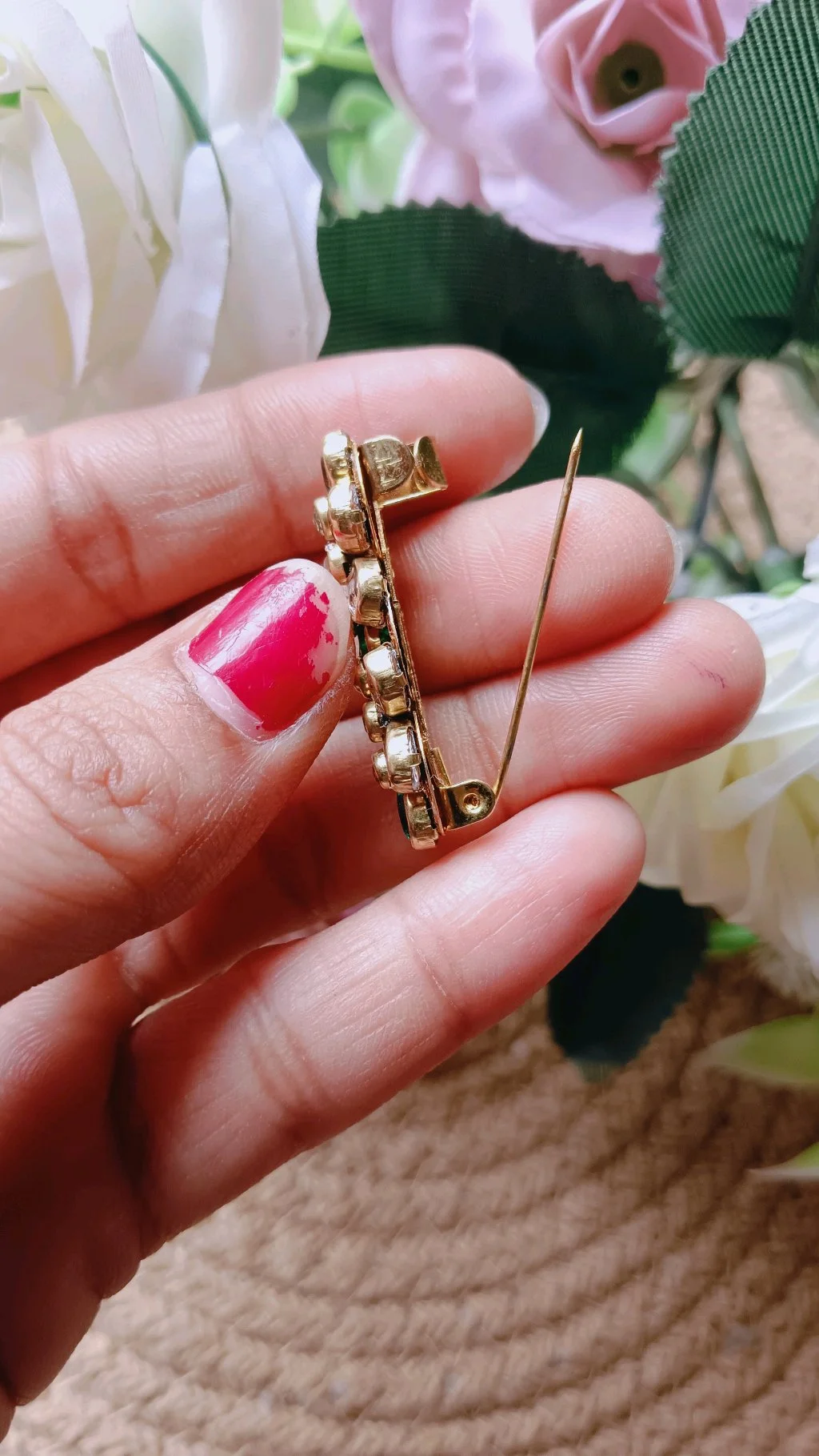 Gold Tone Floral Saree Brooch Pin with Multi-Color Stones thumbnail 2