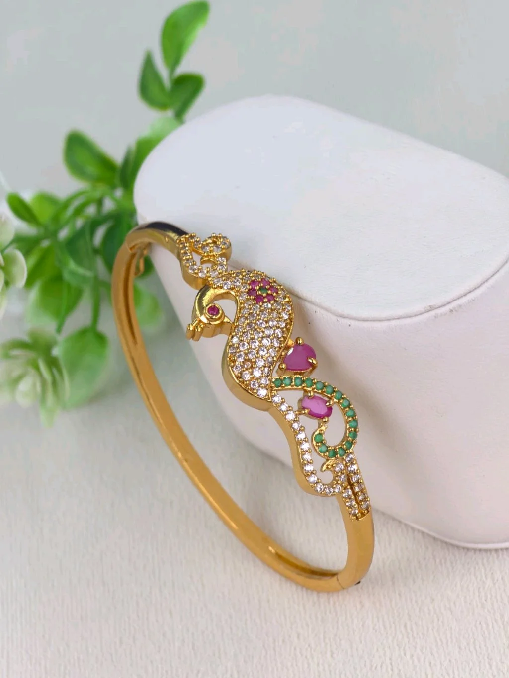 Gold Plated Peacock Design Bangle with Multi-Color Stones 3