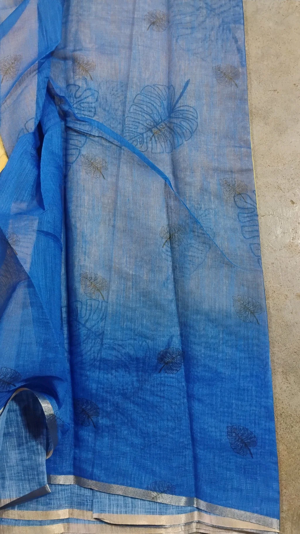 Yellow Blue Ombre Linen Saree with Leaf Print thumbnail 4