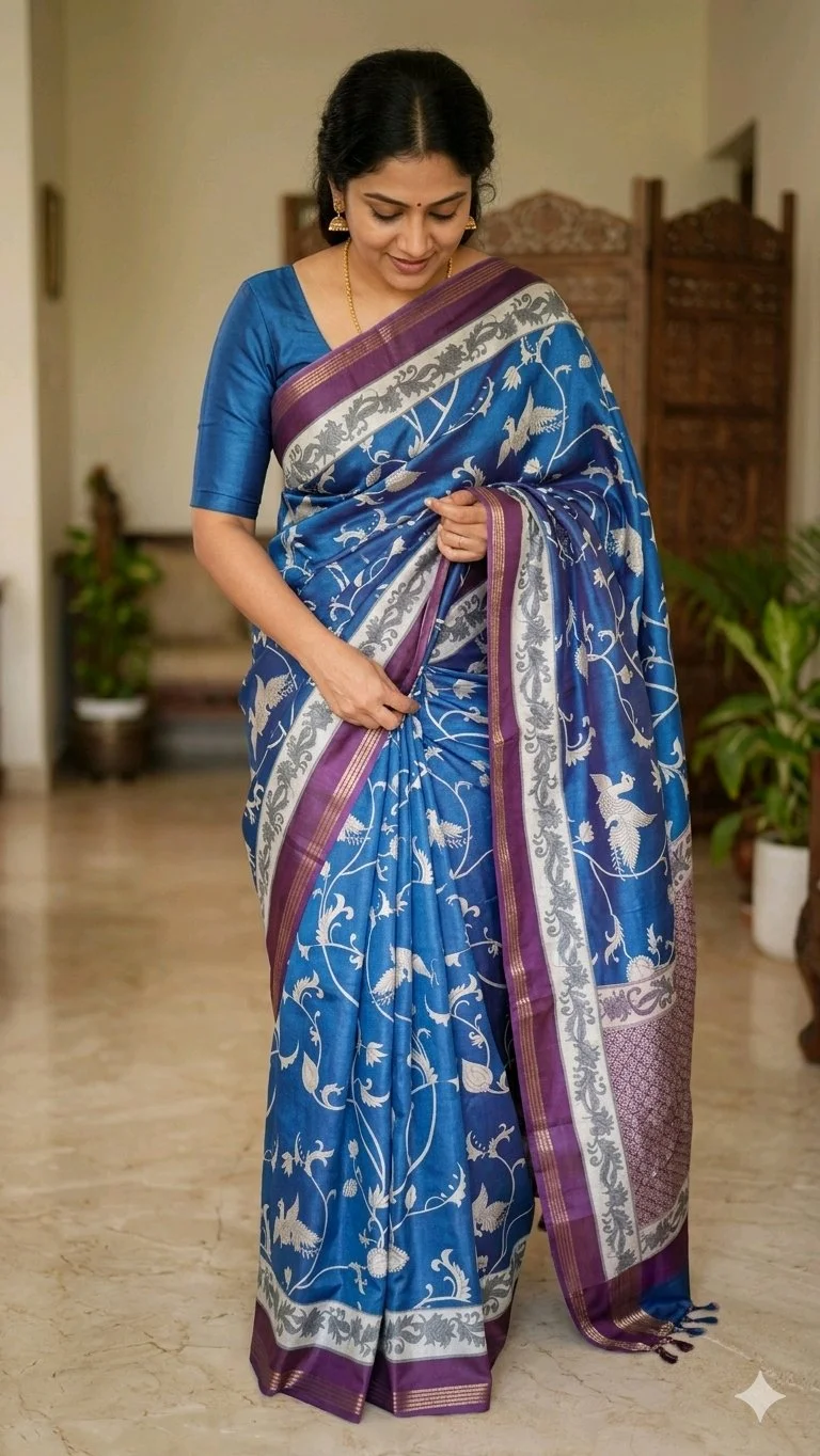 Maheshwari Silk Sarees,Blue Floral Print Silk Saree with Purple Border thumbnail 1