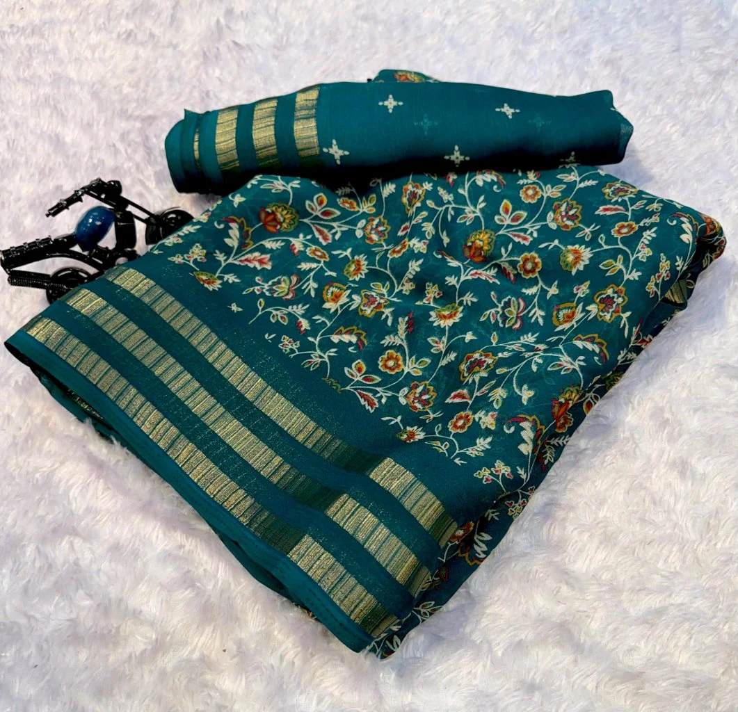 Teal Floral Print Saree with Zari Border thumbnail 1